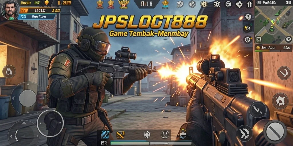 Tampilan gameplay JPSLOT88 menampilkan aksi tembak-menembak yang intens.