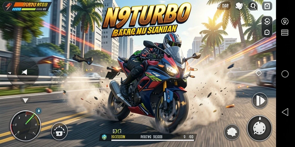 Screenshot N9TURBO menampilkan aksi balapan motor yang mendebarkan.